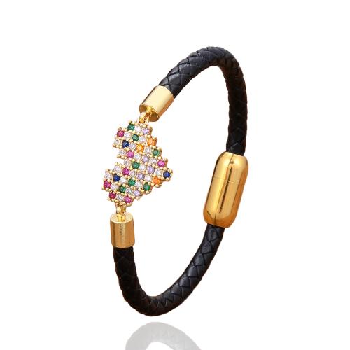 PU Leather Cord Bracelets, with Brass & 304 Stainless Steel, gold color plated, fashion jewelry & micro pave cubic zirconia & for woman, more colors for choice, Length:Approx 21 cm, Sold By PC