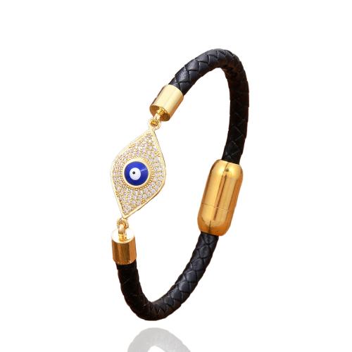 PU Leather Cord Bracelets with Brass & 304 Stainless Steel Evil Eye gold color plated fashion jewelry & micro pave cubic zirconia & for woman Length Approx 21 cm Sold By PC