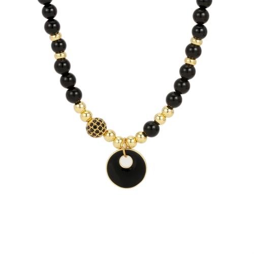 Agate Necklace, Black Agate, with Brass, with 5cm extender chain, gold color plated, fashion jewelry & micro pave cubic zirconia & for woman & enamel, black, Length:Approx 40 cm, Sold By PC