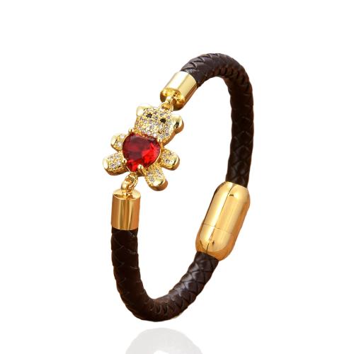 PU Leather Cord Bracelets with Brass & 304 Stainless Steel Bear gold color plated fashion jewelry & micro pave cubic zirconia & for woman Length Approx 21 cm Sold By PC