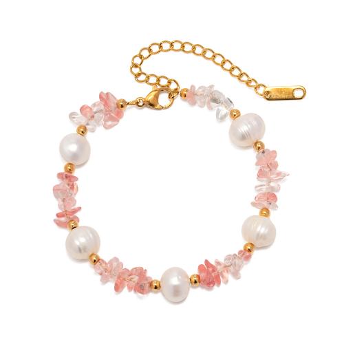 Pulsera de Acero Inoxidable, acero inoxidable 304, con Perlas de plástico ABS & Piedras preciosas, con 6cm extender cadena, chapado en color dorado, Joyería, Rosado, longitud:15 cm, Vendido por UD