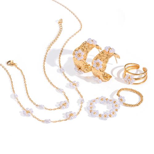 Rhinestone Stainless Steel Jewelry Set, 304 Stainless Steel, with Plastic Pearl, gold color plated, fashion jewelry & different styles for choice & with rhinestone, golden, Sold By PC