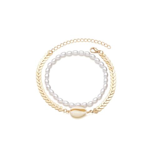 Fashion Jewelry Anklet, Tibetan Style, with Plastic Pearl, gold color plated, golden, nickel, lead & cadmium free, 2PCs/Set, Sold By Set