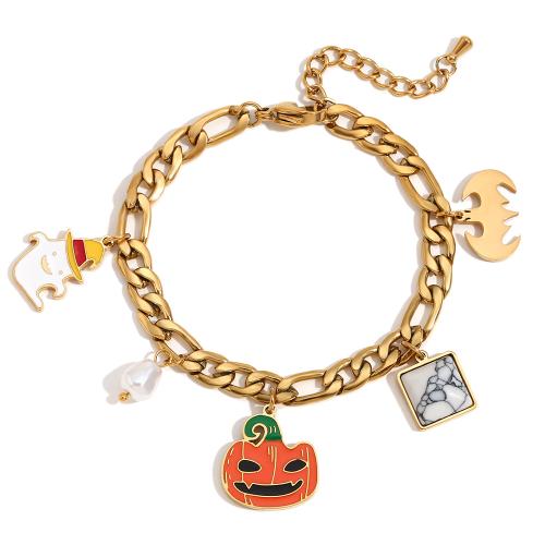 Halloween Armband, 304 Edelstahl, mit Edelstein & Kunststoff Perlen, für Frau & Emaille, Goldfarbe, verkauft von PC