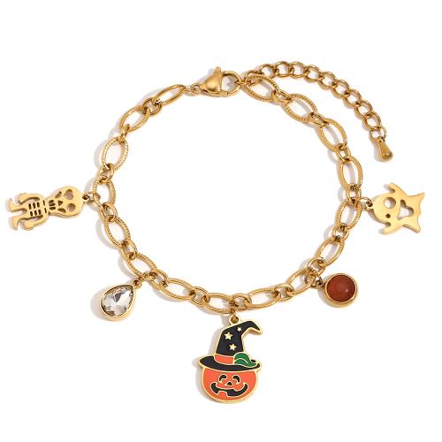 Halloween Bracelet, 304 Stainless Steel, with Gemstone, Vacuum Ion Plating, micro pave cubic zirconia & for woman & enamel, gold, Sold By PC