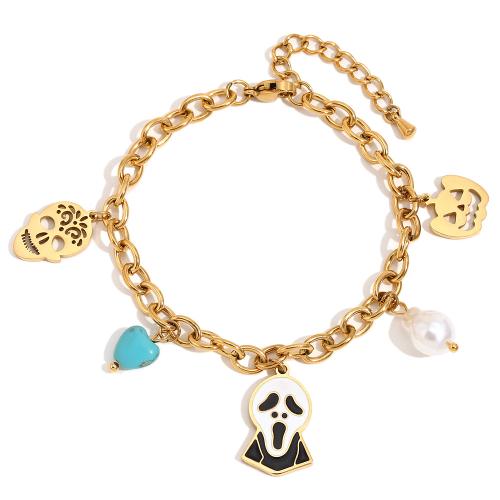 Halloween Bracelet 304 Stainless Steel with turquoise & Plastic Pearl Vacuum Ion Plating for woman & enamel gold Sold By PC