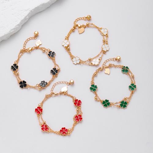 Pulseras de latón, metal, Trébol de cuatro hojas, chapado, para mujer & esmalte, más colores para la opción, Vendido por UD