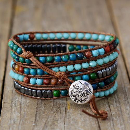 Gemstone Bracelet, with PU Leather & Tibetan Style, handmade, multilayer & folk style & Unisex, Length:Approx 6-10 Inch, Sold By PC