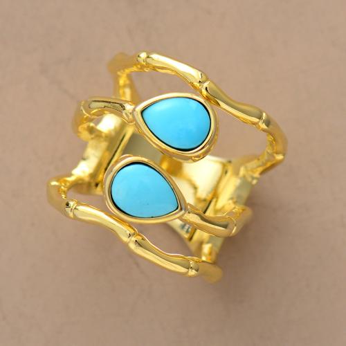 Brass Finger Ring, with turquoise, gold color plated, fashion jewelry & Unisex & hollow, US Ring Size:7, Sold By PC