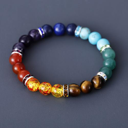 Gemstone Bracelet, with Tibetan Style, handmade, elastic & Unisex & with rhinestone, Length:Approx 6-8 Inch, Sold By PC