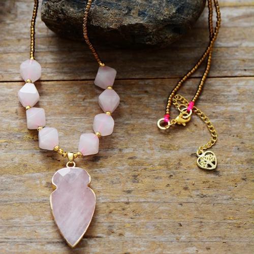 Rose Quartz Necklace, with Seedbead & Tibetan Style, with 2inch extender chain, gold color plated, Bohemian style & Unisex, Length:Approx 19.7 Inch, Sold By PC