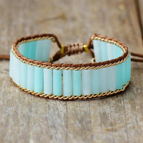 Amazonite bracelet, avec cuir PU, fait à la main, Style bohème & unisexe, Longueur:Environ 6.7-10.2 pouce, Vendu par PC