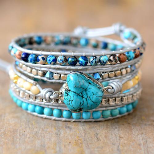 turquoise Bracelet, le PU & Impression Jasper & Shell & Sinc Alloy, lámhdhéanta, multilayer & stíl Bohemian & unisex, Fad Thart 32.3-35.4 Inse, Díolta De réir PC