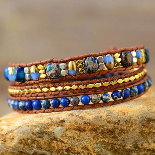 Impression Jasper Bracelet, with PU Leather & Crystal & Tibetan Style, handmade, multilayer & Bohemian style & different styles for choice & for woman, Length:Approx 19.7-22.8 Inch, Sold By PC