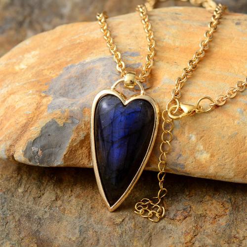 Labradorite collier, avec alliage de zinc, avec 2inch chaînes de rallonge, coeur, Placage de couleur d'or, Style bohème & unisexe, Longueur:Environ 19.7 pouce, Vendu par PC