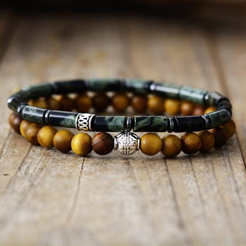 Wood Bracelet, with Green Spot Stone & Tibetan Style, handmade, Unisex & different styles for choice, Length:Approx 6-8 Inch, Sold By PC