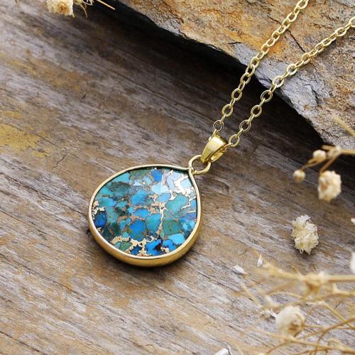 Brass Necklace, with turquoise, Teardrop, plated, fashion jewelry & Unisex, more colors for choice, Length:Approx 15.7 Inch, Sold By PC