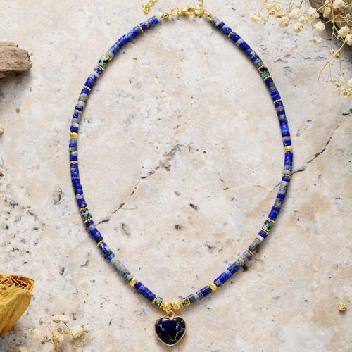 Lapis lazuli collier, avec Jaspe d'impression & laiton, coeur, Vintage & unisexe, Longueur:Environ 15.7 pouce, Vendu par PC