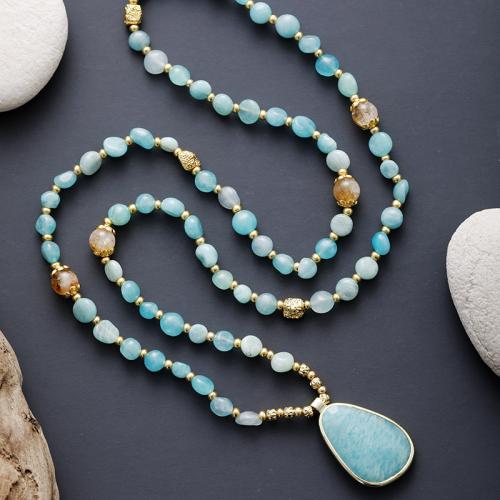 Amazonite collier, avec alliage de zinc, Style bohème & unisexe, Longueur:Environ 31.5 pouce, Vendu par PC