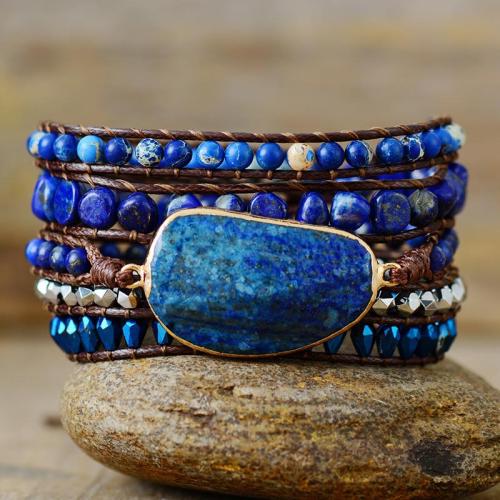 Lapis Lazuli Bracelet, with PU Leather & Impression Jasper & Crystal & Tibetan Style, handmade, multilayer & Bohemian style & Unisex, Length:Approx 32.2-35.4 Inch, Sold By PC