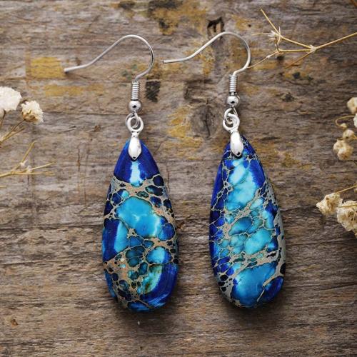 Impression Jasper Drop Earring, with Brass, Teardrop, platinum plated, folk style & for woman, more colors for choice, earring length 50-70mm, Sold By Pair