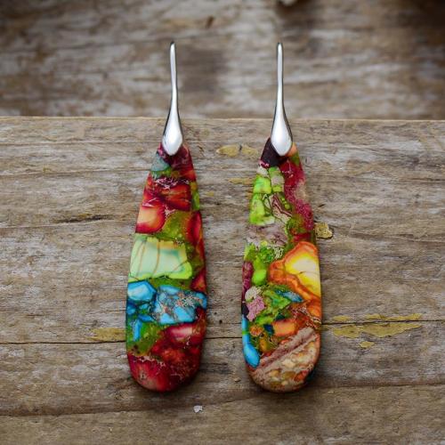 Impression Jasper Drop Earring, with Brass, Teardrop, plated, Bohemian style & for woman, more colors for choice, 8x65mm, Sold By Pair