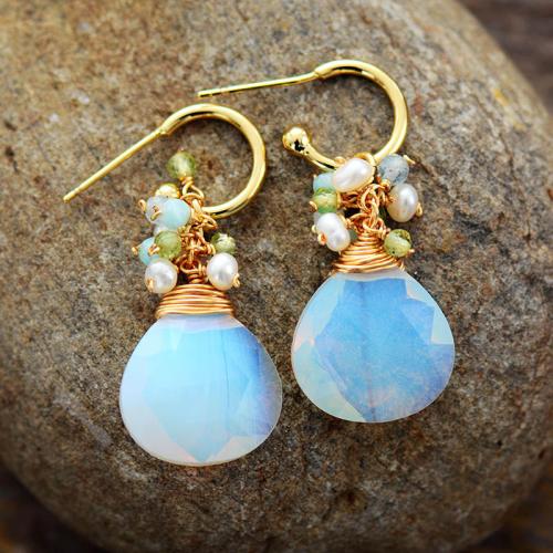 Gemstone Drop Earring, with Plastic Pearl & Brass, Teardrop, gold color plated, different materials for choice & for woman, 12x28mm, Sold By Pair