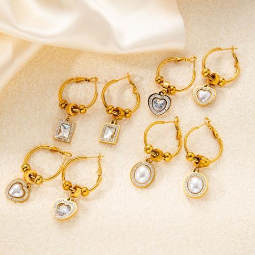 Stainless Steel Drop Earring, 304 Stainless Steel, with Plastic Pearl, different styles for choice & micro pave cubic zirconia & for woman, golden, Sold By Pair