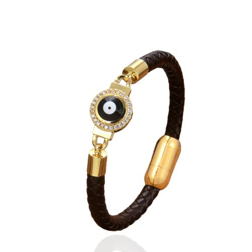 PU Leather Cord Bracelets, with Brass & 304 Stainless Steel, Evil Eye, gold color plated, fashion jewelry & Unisex & micro pave cubic zirconia & enamel, more colors for choice, Length:Approx 21 cm, Sold By PC