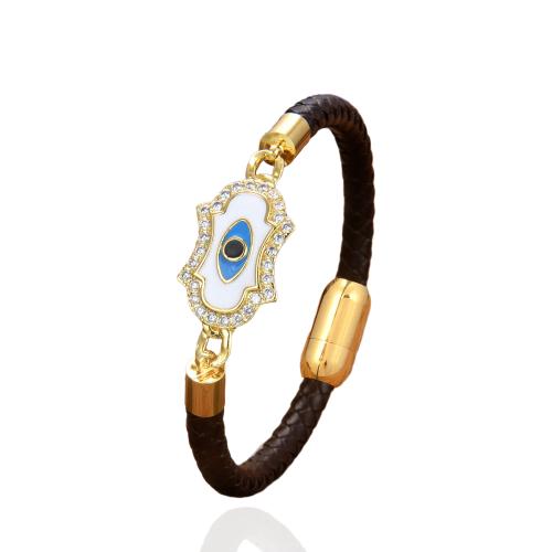 PU Leather Cord Bracelets, with Brass & 304 Stainless Steel, gold color plated, fashion jewelry & Unisex & micro pave cubic zirconia & enamel, more colors for choice, Length:Approx 21 cm, Sold By PC