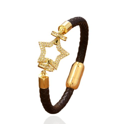 PU Leather Cord Bracelets with Brass & 304 Stainless Steel plated & fashion jewelry & micro pave cubic zirconia & for woman Length Approx 21 cm Sold By PC