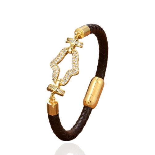 PU Leather Cord Bracelets, with Brass & 304 Stainless Steel, gold color plated, Different Shape for Choice & fashion jewelry & micro pave cubic zirconia & for woman, more colors for choice, Length:Approx 21 cm, Sold By PC