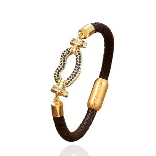 PU Leather Cord Bracelets, with Brass & 304 Stainless Steel, gold color plated, fashion jewelry & Unisex & micro pave cubic zirconia, more colors for choice, Length:Approx 21 cm, Sold By PC