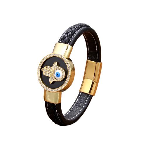 PU Leather Cord Bracelets, with Natural Stone & 304 Stainless Steel, gold color plated, fashion jewelry & Unisex & micro pave cubic zirconia & enamel, more colors for choice, Length:Approx 21 cm, Sold By PC