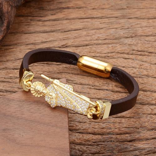 PU Leather Cord Bracelets with Brass & 304 Stainless Steel gold color plated fashion jewelry & Unisex & micro pave cubic zirconia Length Approx 21 cm Sold By PC