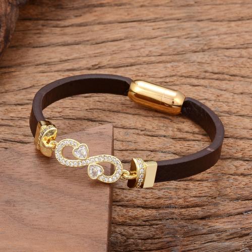 PU Leather Cord Bracelets with Brass & 304 Stainless Steel gold color plated fashion jewelry & Unisex & micro pave cubic zirconia Length Approx 21 cm Sold By PC