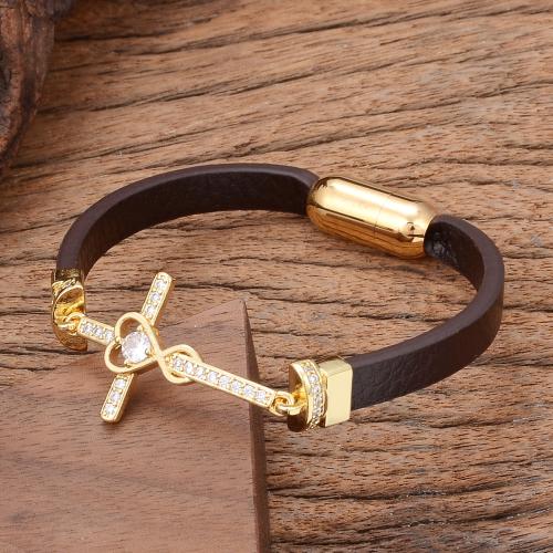 PU Leather Cord Bracelets with Brass & 304 Stainless Steel Cross gold color plated fashion jewelry & Unisex & micro pave cubic zirconia Length Approx 21 cm Sold By PC