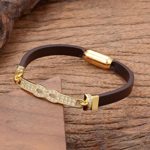 PU Leather Cord Bracelets, with Brass & 304 Stainless Steel, gold color plated, fashion jewelry & Unisex & micro pave cubic zirconia, more colors for choice, Length:Approx 21 cm, Sold By PC