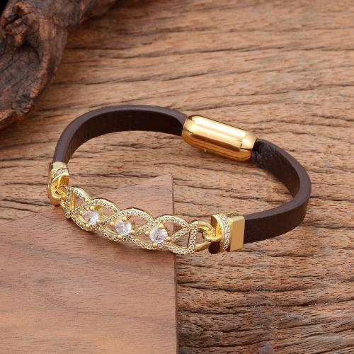 PU Leather Cord Bracelets, with Brass & 304 Stainless Steel, gold color plated, fashion jewelry & micro pave cubic zirconia & for woman, more colors for choice, Length:Approx 21 cm, Sold By PC