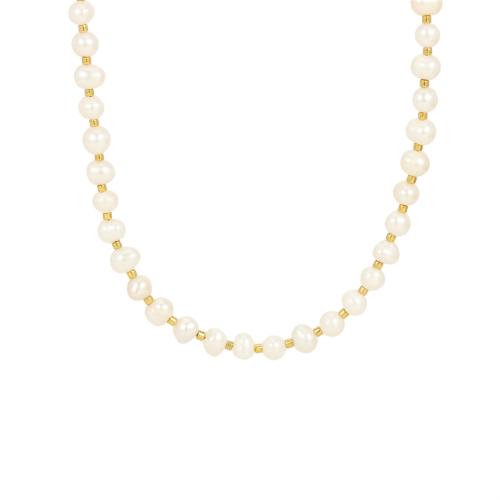 Collier de perles d'eau douce naturelles, perle d'eau douce cultivée, avec Seedbead, avec 5cm chaînes de rallonge, Placage de couleur d'or, bijoux de mode & pour femme, blanc, Longueur:Environ 40 cm, Vendu par PC