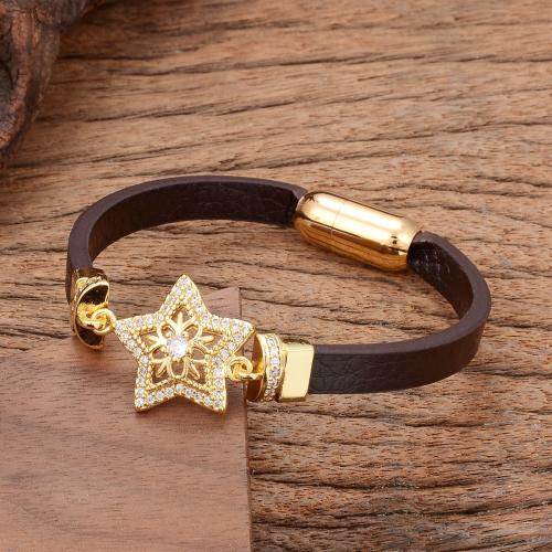 PU Leather Cord Bracelets, with Brass & 304 Stainless Steel, gold color plated, fashion jewelry & micro pave cubic zirconia & for woman, more colors for choice, Length:Approx 21 cm, Sold By PC