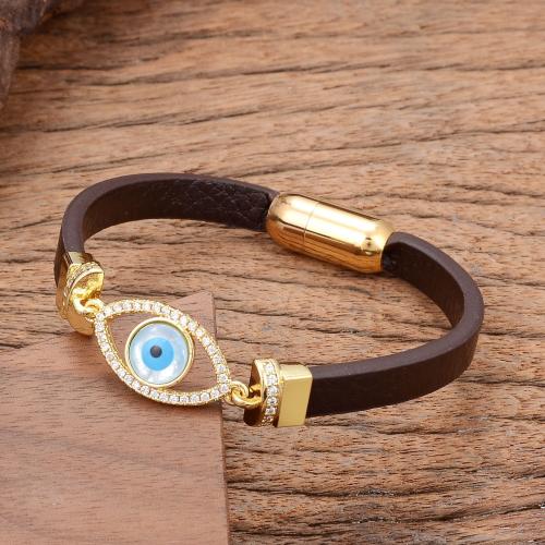 PU Leather Cord Bracelets, with Brass & 304 Stainless Steel, gold color plated, fashion jewelry & Unisex & micro pave cubic zirconia & enamel, more colors for choice, Length:Approx 21 cm, Sold By PC