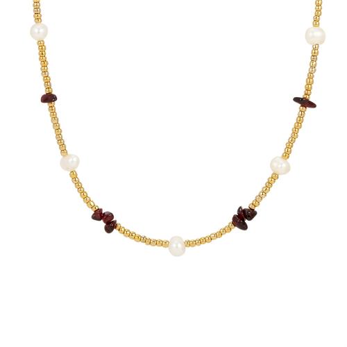 Natural Gemstone Necklace, Glass, with Gemstone & Freshwater Pearl & Brass, with 5cm extender chain, gold color plated, fashion jewelry & for woman, Length:Approx 38 cm, Sold By PC