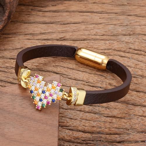 PU Leather Cord Bracelets, with Brass & 304 Stainless Steel, gold color plated, fashion jewelry & micro pave cubic zirconia & for woman, more colors for choice, Length:Approx 21 cm, Sold By PC