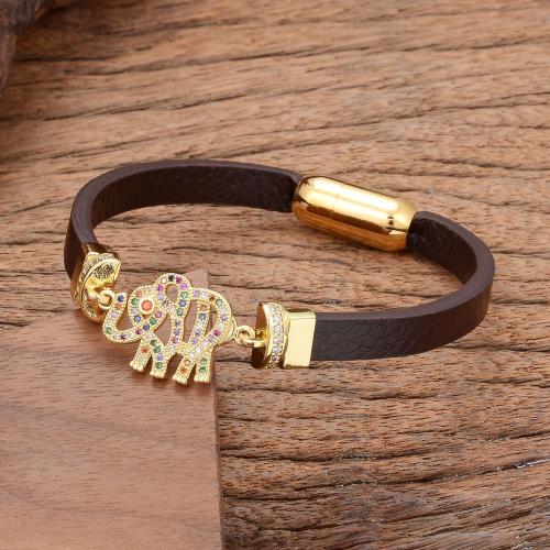 PU Leather Cord Bracelets, with Brass & 304 Stainless Steel, gold color plated, fashion jewelry & Unisex & micro pave cubic zirconia, more colors for choice, Length:Approx 21 cm, Sold By PC