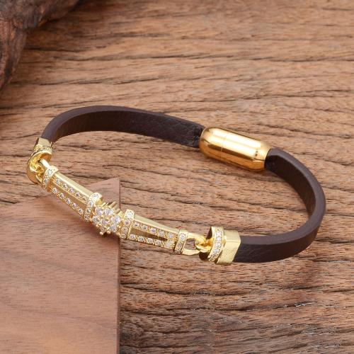 PU Leather Cord Bracelets, with Brass & 304 Stainless Steel, gold color plated, fashion jewelry & micro pave cubic zirconia & for woman, more colors for choice, Length:Approx 21 cm, Sold By PC