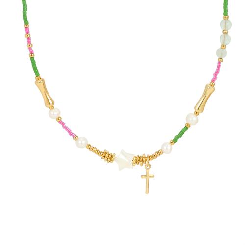 Glass Beads Necklaces with Gemstone & Shell & Freshwater Pearl & Brass with 5cm extender chain gold color plated fashion jewelry & for woman multi-colored Length Approx 38 cm Sold By PC