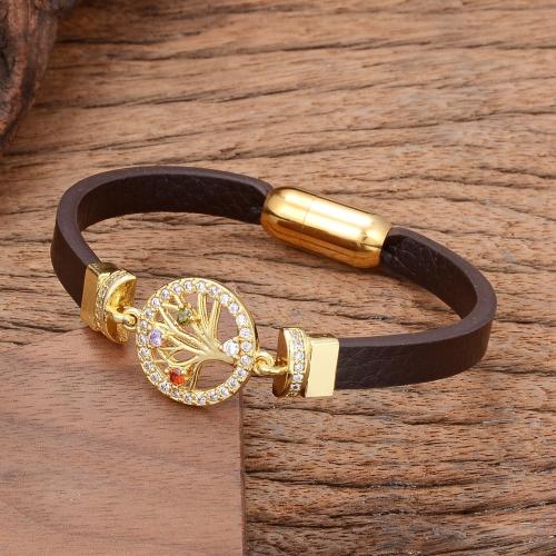 PU Leather Cord Bracelets with Brass & 304 Stainless Steel gold color plated fashion jewelry & Unisex & micro pave cubic zirconia Length Approx 21 cm Sold By PC