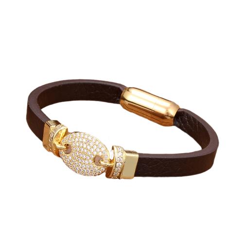 PU Leather Cord Bracelets with Brass & 304 Stainless Steel gold color plated fashion jewelry & Unisex & micro pave cubic zirconia Length Approx 21 cm Sold By PC