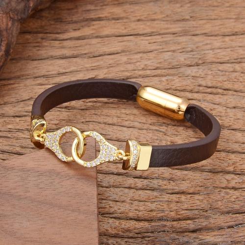 PU Leather Cord Bracelets, with Brass & 304 Stainless Steel, gold color plated, fashion jewelry & Unisex & micro pave cubic zirconia, more colors for choice, Length:Approx 21 cm, Sold By PC